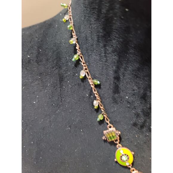 Vintage Green Rhinestone Fringe Necklace Copper Tone Boho Statement Jewelry - Picture 6 of 7